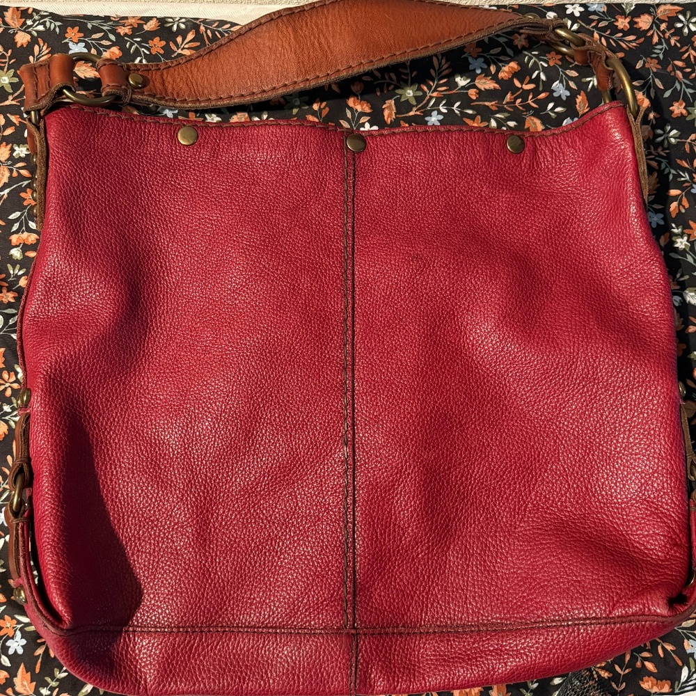 Lucky Brand Vintage Cranberry Burnished Tan Studded Leather Tote Hobo Handbag
